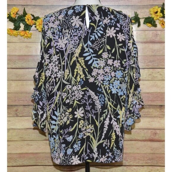 Calvin Klein Ladies Black Floral Blouse Top Size M Ruffled 3/4 Sleeves Career - Picture 9 of 14